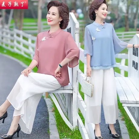 妈妈夏装套装短袖两件套2022新款雪纺衫上衣阔太太洋气中老年女装商品大图