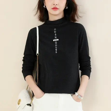 韩潮袭人 半高领字母刺绣长袖T恤女2023冬新款显瘦百搭打底衫上衣图片