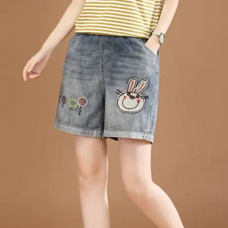 韩潮袭人松紧腰刺绣阔腿牛仔短裤夏季新款宽松显瘦休闲哈伦热裤薄图片