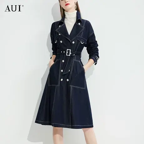 AUI气质工装风修身中长款风衣2022秋装新款高端翻领仿牛仔外套女图片