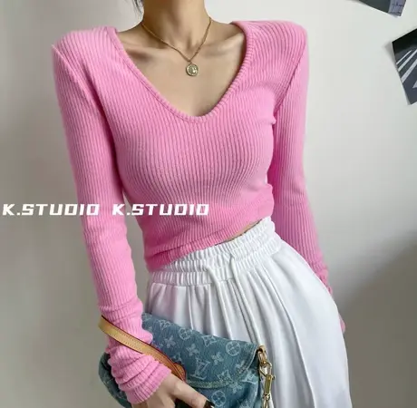 2023春秋新款韩版修身显瘦v领打底衫纯色内搭抓毛上衣长袖T恤女潮商品大图