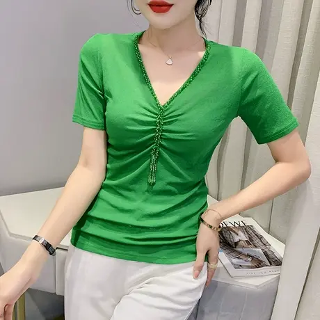 时尚钉珠短袖T恤女ins潮洋气欧货上衣性感V领小衫设计感气质半袖商品大图