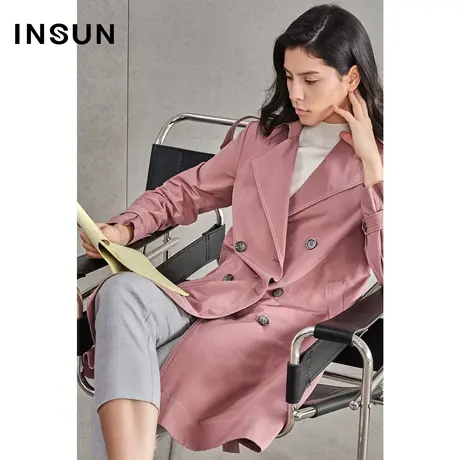 INSUN恩裳春季廓形棉质双排扣风衣外套图片