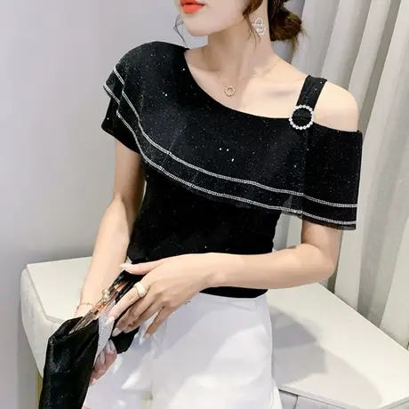 时尚荷叶边网纱T恤女短袖2024夏季新款性感露肩小衫气质百搭上衣图片