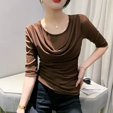 气质荡领雪纺衫女五分袖初秋2024新款性感网纱上衣修身百搭打底衫图片