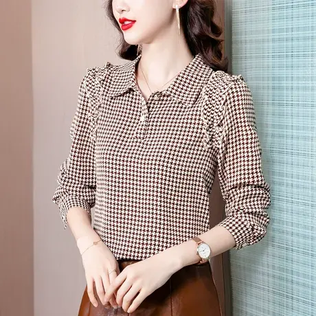 格子雪纺衬衫女秋长袖高级感2023新款早秋甜美别致上衣设计感小众商品大图