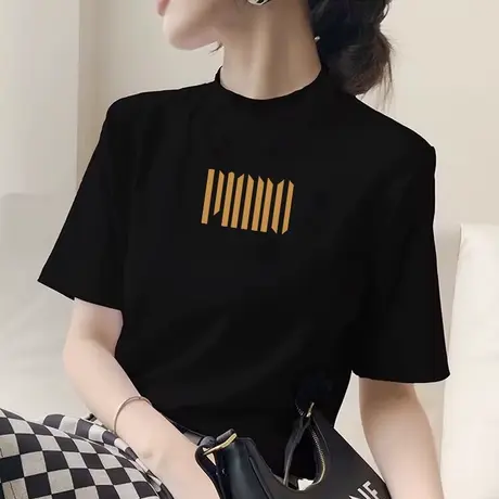 黑色半高领短袖T恤女装夏季2025新款ins潮牌体恤宽松纯棉印花上衣商品大图