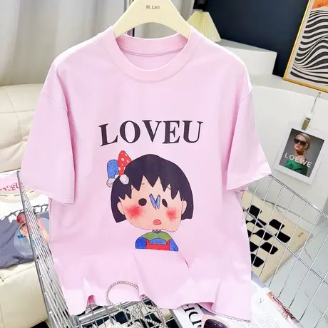 韩国东大门粉色上衣夏季款ins奶甜美卡通印花纯棉短袖T恤微胖显瘦图片