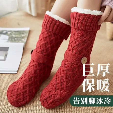 超厚加绒保暖地板袜女秋冬季睡觉暖脚袜子冬天居家防滑毛绒护脚套商品大图