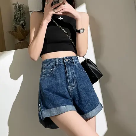 卷边牛仔短裤女2024年夏季薄款高腰a字宽松显瘦复古百搭阔腿热裤商品大图