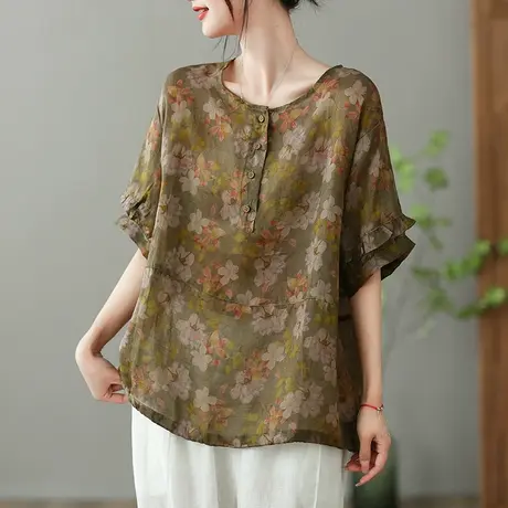 dza 复古印花苎麻衬衫女2023夏薄款短袖衬衣气质减龄棉麻套头上衣商品大图