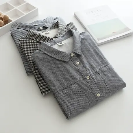 春秋季日系复古文艺双层棉纱条纹格子长袖衬衫女宽松百搭显瘦上衣商品大图