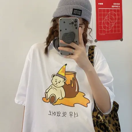 原宿风短袖t恤女2021宽松韩版学生半袖设计感小众纯棉上衣服ins潮图片