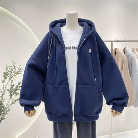 秋冬加绒加厚连帽卫衣女宽松oversize拉链简约百搭拉链开衫外套商品大图