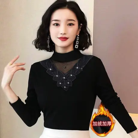 法式半高领衬衫秋装新款20232洋气甜美蕾丝加绒加厚打底上衣内搭图片