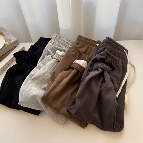 加绒加厚休闲运动裤女秋冬季宽松高腰百搭韩版纯色阔腿束脚卫裤潮图片