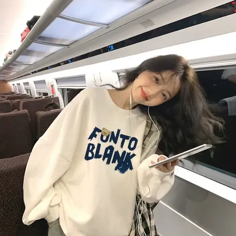 胖mm高街oversize卫衣女秋慵懒风设计感小众潮牌ins白色长袖上衣商品大图