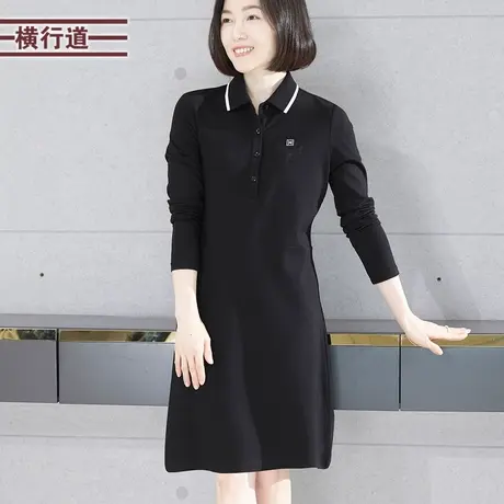 POLO领绣花长袖连衣裙纯色大码妈妈直筒裙2024新款春装翻领女裙子图片