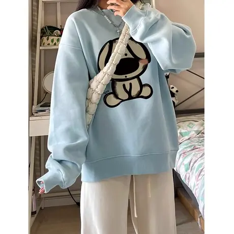 蓝色减龄卫衣女大码胖mm宽松上衣加绒ins冬季日系小个子甜酷外套图片