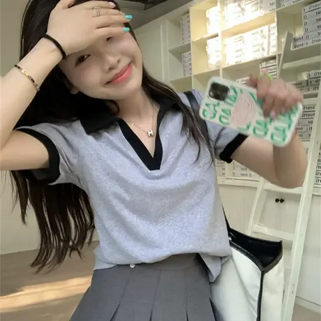 撞色拼接POLO领短袖打底T恤女夏季小众辣妹百搭显瘦短款别致上衣图片