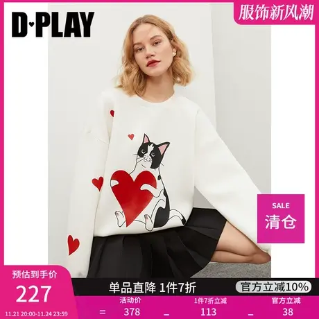 DPLAY秋装新款ins甜美爱心猫咪图案圆领白色空气层卫衣商品大图