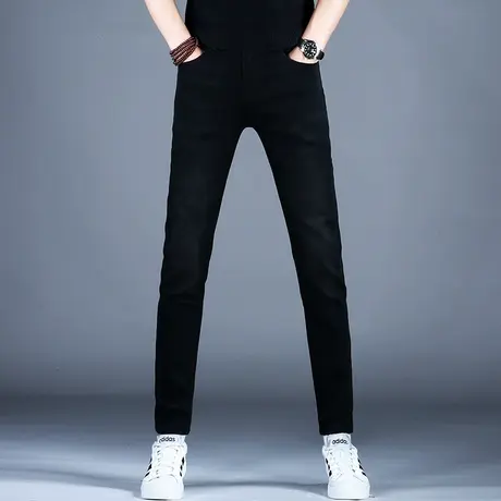 男士新款黑色牛仔裤男时尚修身烫钻精致小脚裤子2023冬季厚款潮牌商品大图