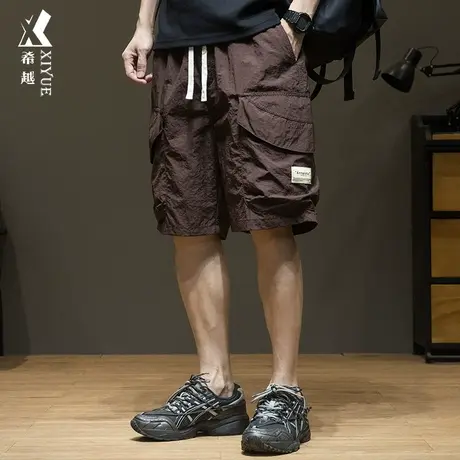 希越复古褶皱感速干短裤男深咖夏季薄五分裤宽松大码大口袋工装裤商品大图