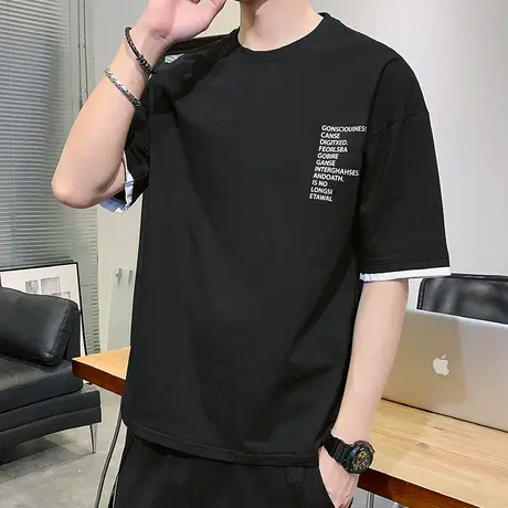 夏装假两件男款夏季体恤情侣装男士薄款t恤男生圆领短袖纯棉上衣商品大图