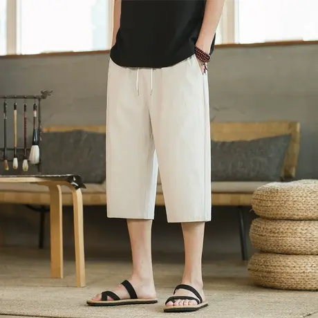 冰丝七分裤男夏季薄款速干八分裤子男生宽松直筒棉麻休闲工装短裤商品大图