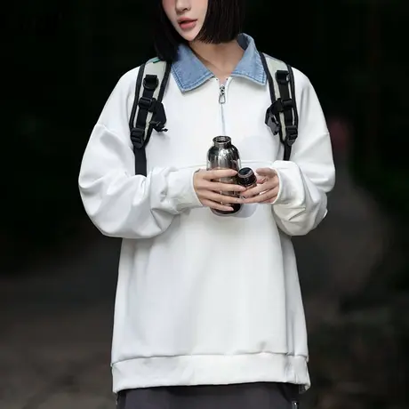 情侣牛仔翻领卫衣男2023春秋季美式重磅POLO衫男生打底衫宽松上衣商品大图