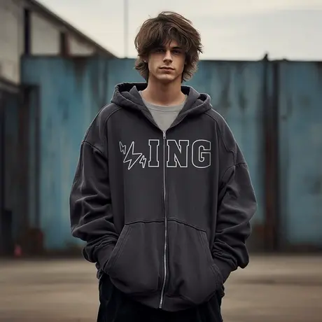 oversize春秋季宽松加肥加大码复古连帽拉链开衫胖子卫衣男潮外套商品大图