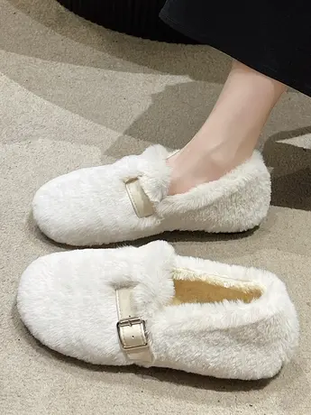 毛毛鞋女外穿平底加绒豆豆鞋2023新款秋冬季孕妇一脚蹬保暖棉鞋子商品大图