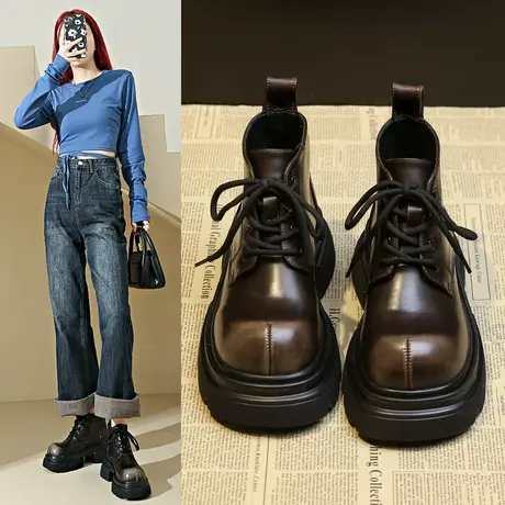 2023早秋新款百搭复古擦色英伦风系带马丁靴短筒短靴方头厚底女靴商品大图