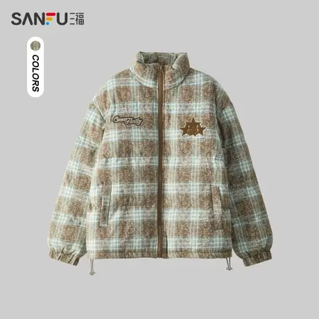三福2023冬男士满版晕染格纹绣花短棉衣 美式休闲外套男479587图片