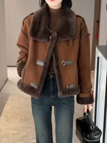 短款皮毛一体羊羔毛外套女2023冬季新款加绒加厚小个子立领机车服商品大图