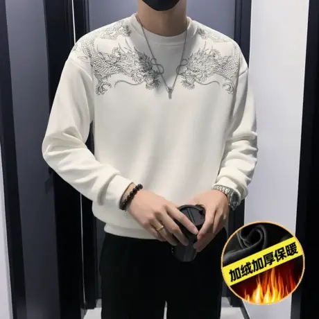 加绒卫衣男冬季个性加厚长袖内搭t恤高级感烫钻刺绣冬款打底上衣商品大图