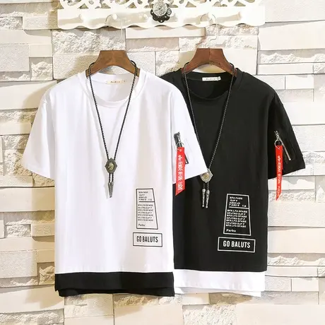 夏季男士新款ins圆领宽松假两件T恤奥代尔织带学生印花短袖黑白潮商品大图