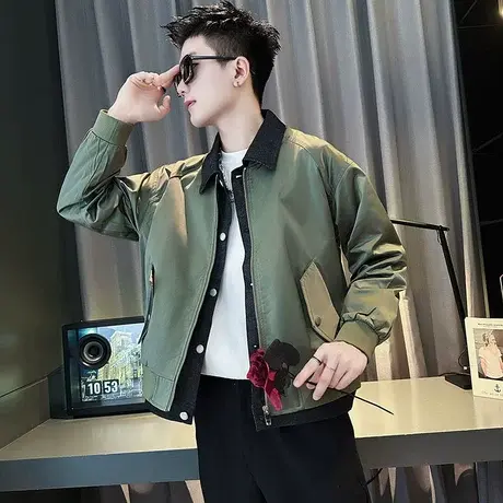 2023新款男士撞色拼接机车假两件时尚拼接外套青年网红款休闲夹克商品大图