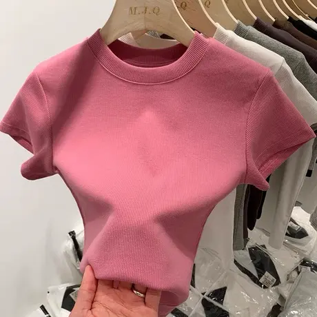 螺纹纯色正肩短袖T恤女夏季半袖体恤修身显瘦小衫圆领打底上衣潮商品大图