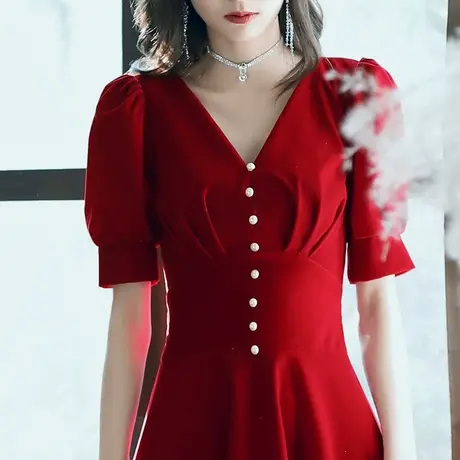 敬酒服新娘夏季酒红色订婚礼服显瘦短袖平时可穿连衣裙小个子短款商品大图