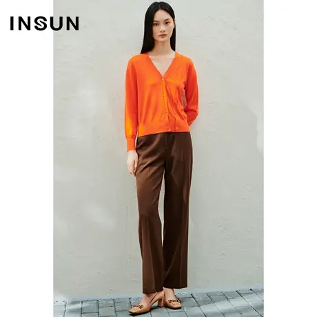 INSUN恩裳春季柿子橙装饰门襟羊毛针织开衫商品大图