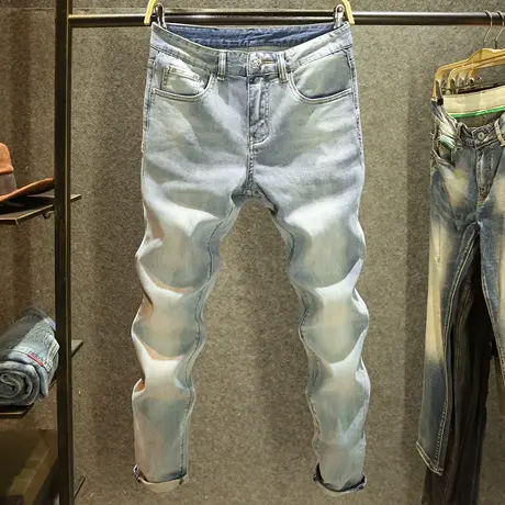 2025夏季新款浅蓝色牛仔裤男士港风潮牌长裤子时尚百搭修身小脚裤商品大图