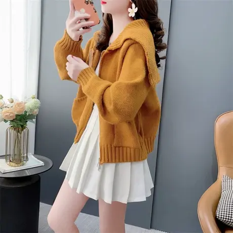 海军领短款小个子拉链毛衣外套女春季2024年新款宽松百搭针织开衫商品大图