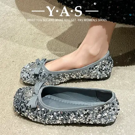 蝴蝶结闪闪亮片单鞋女平底2024早春新款法式气质粗跟浅口芭蕾鞋子商品大图