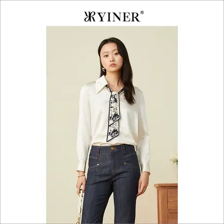 YINER音儿女装2022春季时尚印花飘带蚕丝衬衫商品大图
