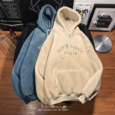 加厚加绒卫衣男秋冬季连帽潮宽松大码帽衫潮韩版青少年羊羔绒外套商品大图