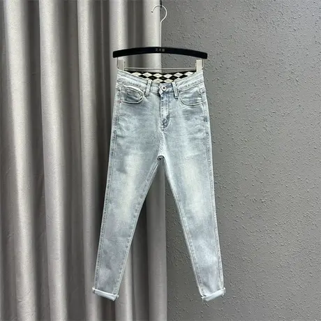 韩版小脚牛仔铅笔裤女2024春季新款浅蓝色高腰修身显瘦百搭九分裤图片