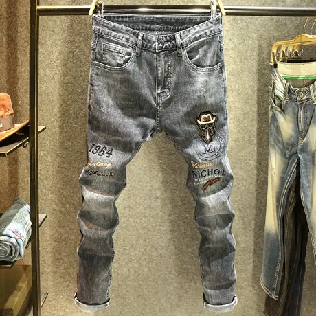 欧货潮流牛仔裤男弹力修身小脚裤高端大牌烫钻潮牌刺绣裤子男春季商品大图