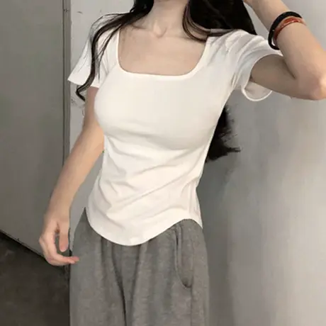 方领正肩短袖T恤女春夏季修身显瘦韩版百搭短款弹力半袖上衣潮ins图片