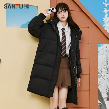 直播秒杀三福羽绒服女2023新款冬季休闲保暖连帽宽松黑色长款外套图片